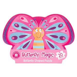 Front view of the Butterfly Magic Butterfly Shaped Puzzle packaging displaying the colourful butterfly character with vibrant patterned wings. The presentation clearly showcases the unique butterfly shape and educational puzzle design.