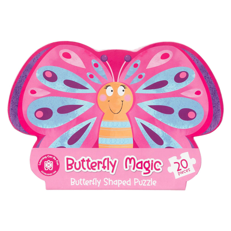 Front view of the Butterfly Magic Butterfly Shaped Puzzle packaging displaying the colourful butterfly character with vibrant patterned wings. The presentation clearly showcases the unique butterfly shape and educational puzzle design.