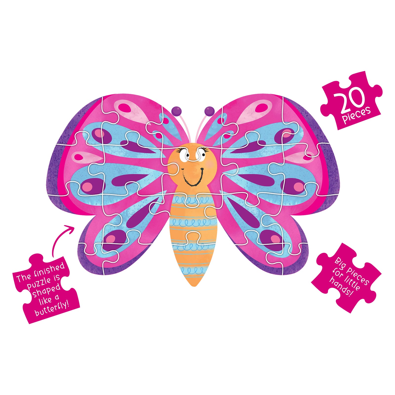 The completed Butterfly Magic Butterfly Shaped Puzzle displayed against a neutral background. The 20 piece puzzle forms a butterfly silhouette with bright pink, blue and purple wings, showcasing a fun and engaging design for young learners.