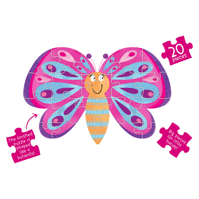 The completed Butterfly Magic Butterfly Shaped Puzzle displayed against a neutral background. The 20 piece puzzle forms a butterfly silhouette with bright pink, blue and purple wings, showcasing a fun and engaging design for young learners.