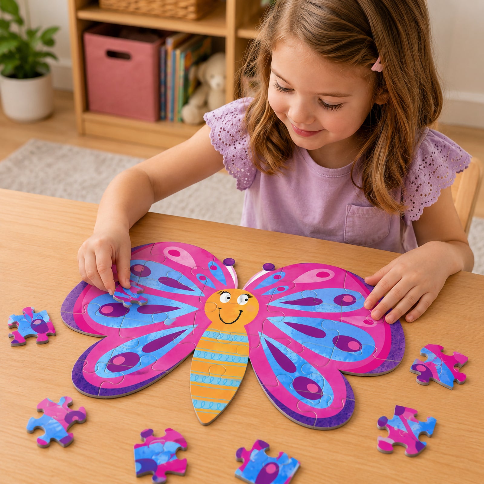 A young learner enjoys completing the butterfly shaped puzzle in a bright educational setting. The vibrant butterfly illustration features colourful wing patterns and friendly details that engage children while supporting cognitive development and independent play.