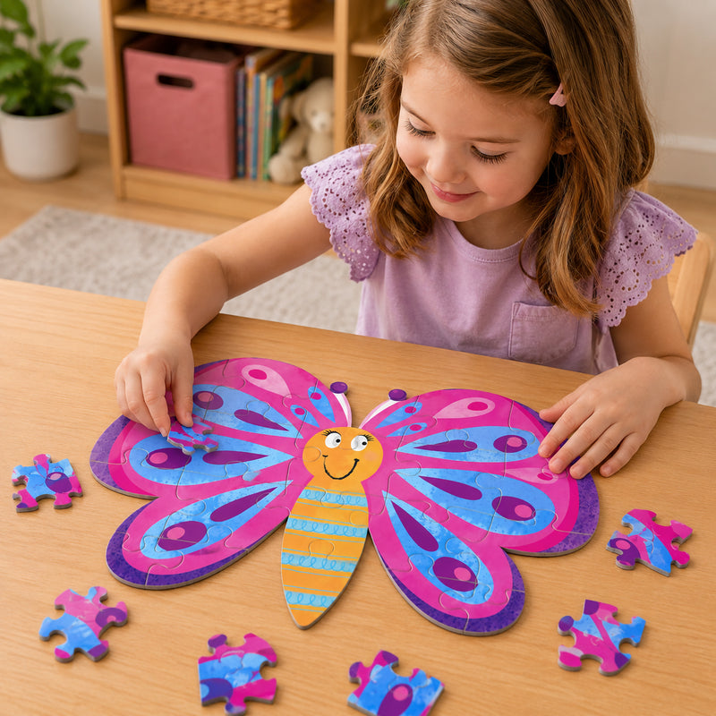 A young learner enjoys completing the butterfly shaped puzzle in a bright educational setting. The vibrant butterfly illustration features colourful wing patterns and friendly details that engage children while supporting cognitive development and independent play.