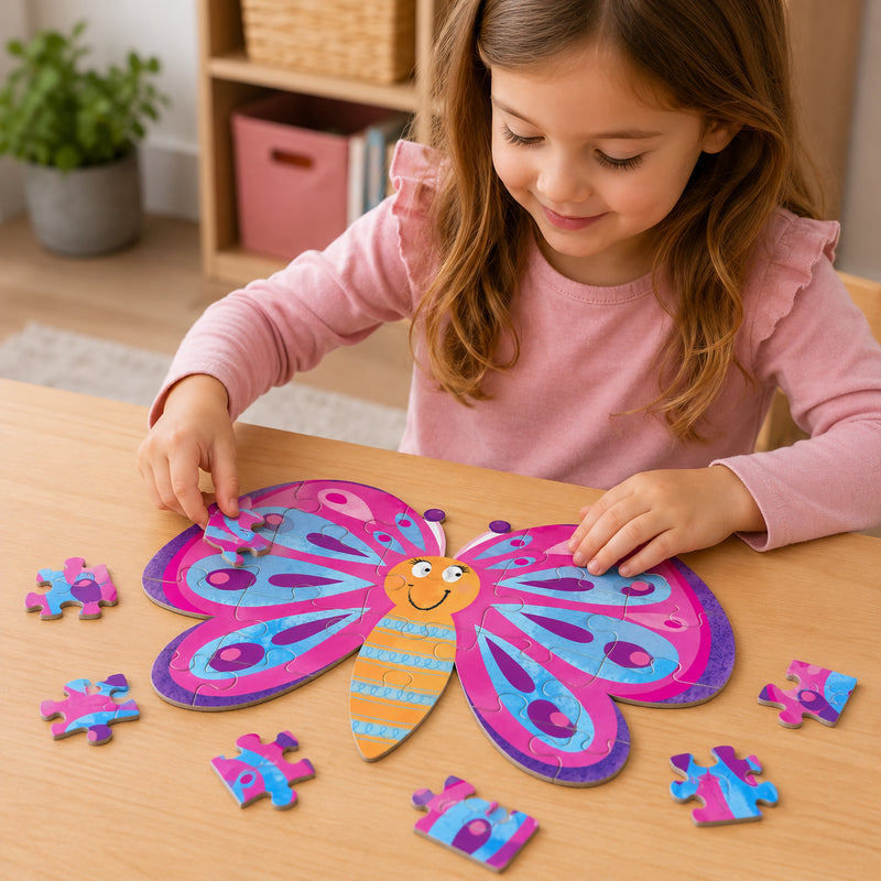 A child carefully assembles the Butterfly Magic puzzle during a hands on learning activity. Large easy to handle puzzle pieces surround the butterfly design, making it ideal for preschool children developing coordination, concentration and confidence.