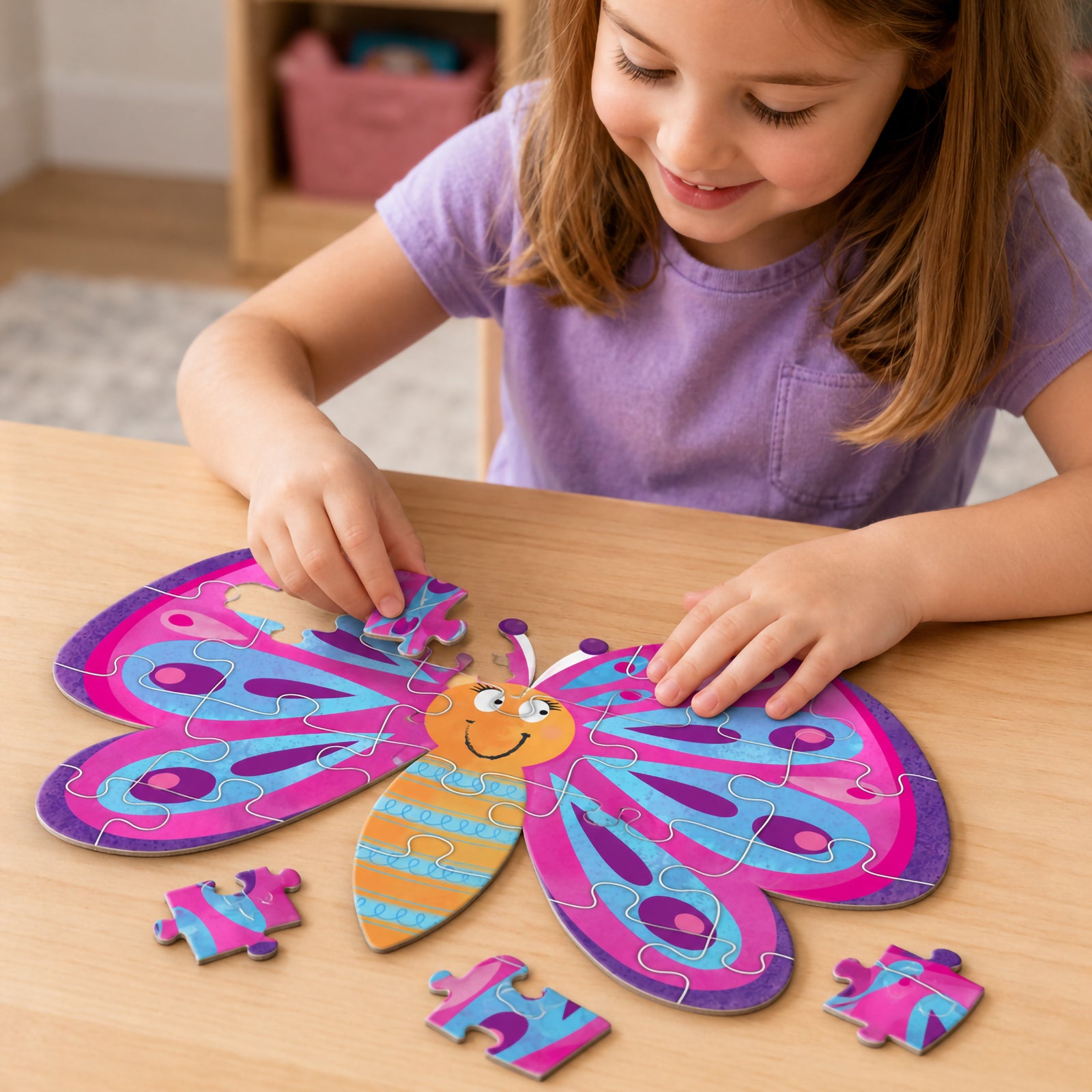 A young child smiles while placing a puzzle piece into a colourful butterfly shaped puzzle on a wooden table. The bright design features vibrant pink, blue and purple wings with a cheerful butterfly character, encouraging fine motor development and early problem solving skills.
