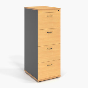 Rapidline Rapid Worker 4 drawer filing cabinet with Beech drawer fronts and black bow handles on an Ironstone body.
