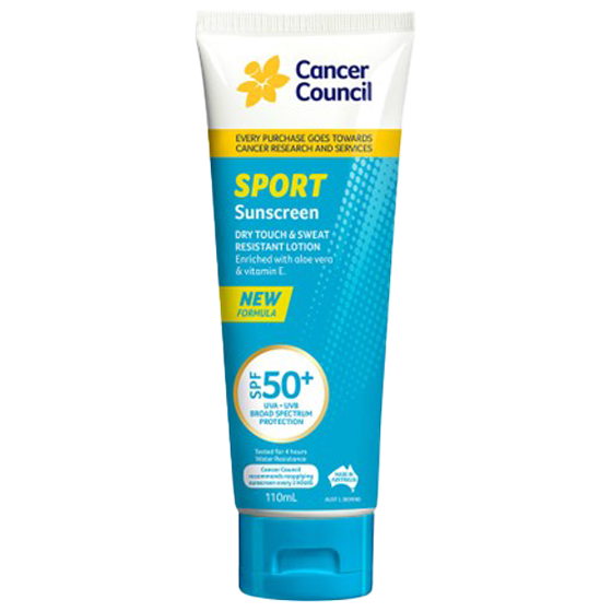 CANCER COUNCIL SPF50+ Sport Sunscreen Tube 110mL showing water-resistant sport sunscreen tube for shared workplace and sporting facility use