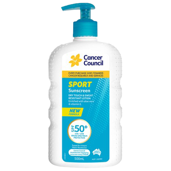 CANCER COUNCIL SPF50+ Sport Sunscreen Pump 500mL showing high-volume pump dispenser sunscreen for outdoor workplace sun protection stations