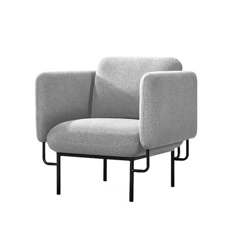 Rapidline Capri one seater lounge in light grey fabric with padded arms on a black steel base, shown from a front angle.