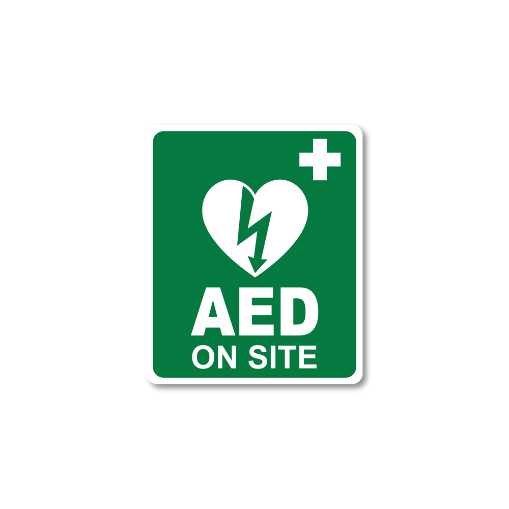 CARDIACT AED On Site Sticker 100 x 120mm showing Australian Resuscitation Council approved AED location identification adhesive sticker
