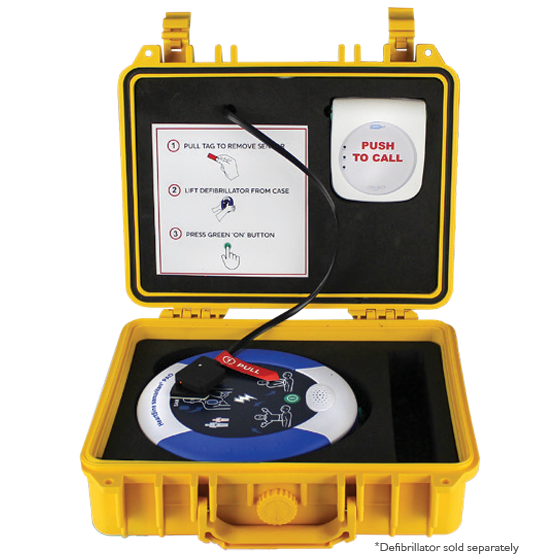 CARDIACT Connect Rugged Module and Case showing IP-rated ruggedised AED protective case with connected monitoring module for outdoor and industrial AED deployment