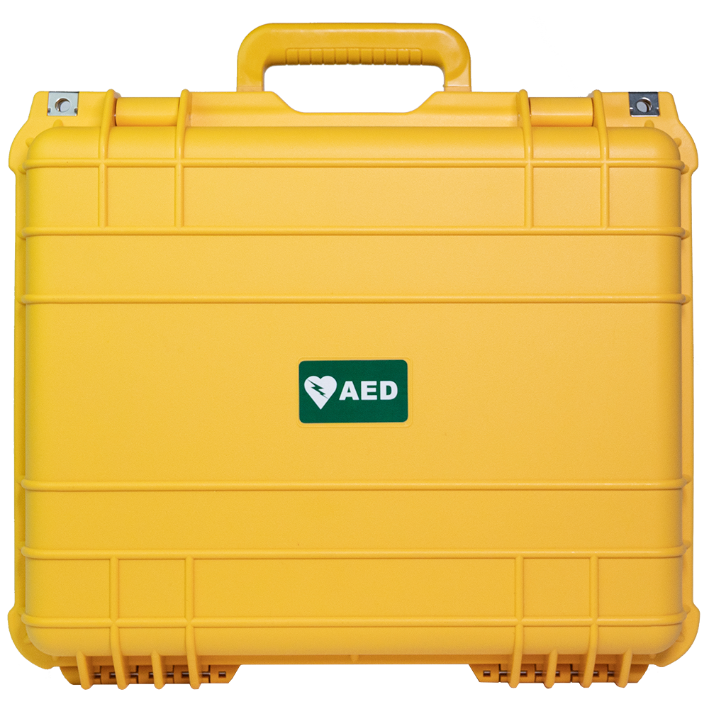CARDIACT Large Waterproof Tough AED Case 43 x 38 x 15.4cm Yellow showing high-visibility yellow waterproof ruggedised AED case for outdoor construction and marine deployment