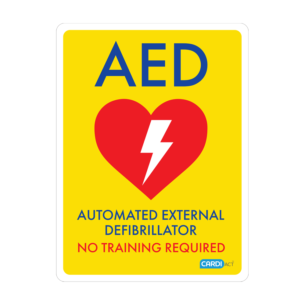 CARDIACT Yellow Poly AED Sign No Training Required 22.5 x 30cm showing yellow polypropylene AED location sign for public access defibrillation programme installation