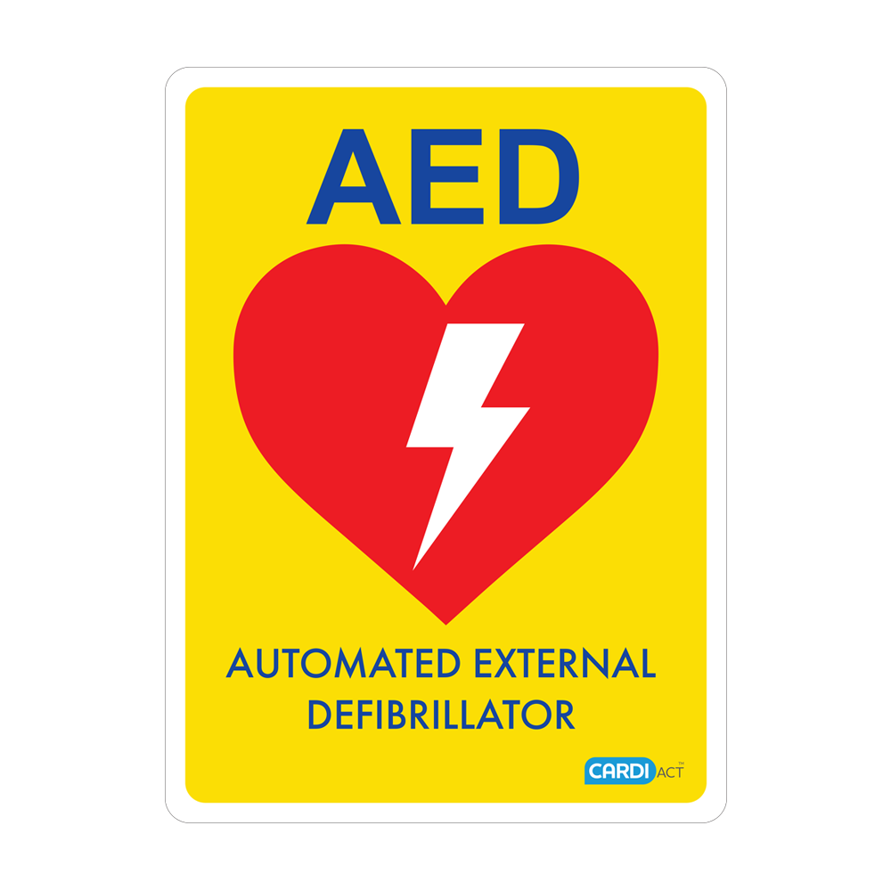 CARDIACT Yellow Poly AED Sign 22.5 x 30cm showing high-visibility yellow polypropylene AED location sign for workplace and public access defibrillator identification