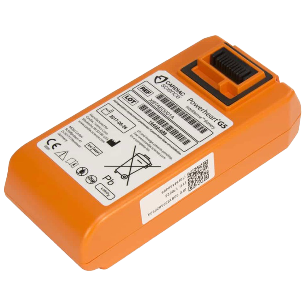 CARDIAC SCIENCE Powerheart G5 Battery showing genuine OEM replacement battery for Powerheart G5 AED for AED programme battery management