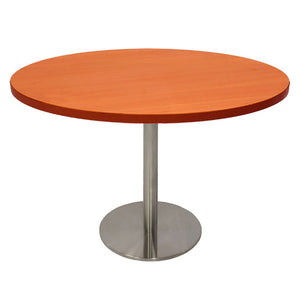 Rapidline Estilo 1200mm round table with a cherry top on a stainless steel column and flat disc base, viewed from slightly above
