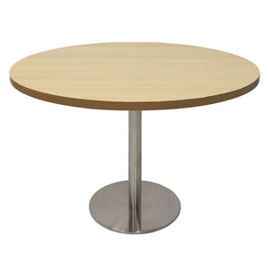 Rapidline Estilo 1200mm round table with a natural oak top on a stainless steel column and flat disc base, viewed from slightly above