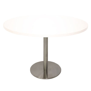 Rapidline Estilo 1200mm round table with a natural white top on a stainless steel column and flat disc base, viewed from slightly above