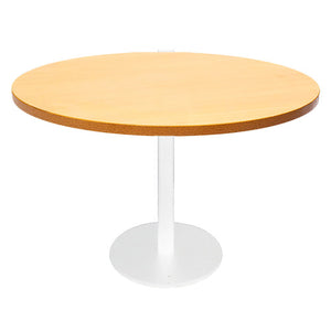 Rapidline Estilo 1200mm round table with a beech top on a white column and flat disc base, viewed from slightly above