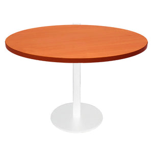 Rapidline Estilo 1200mm round table with a cherry top on a white column and flat disc base, viewed from slightly above