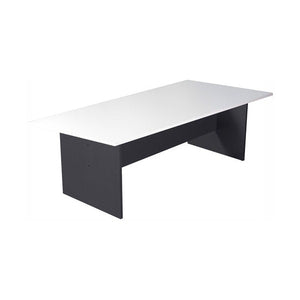 Rapidline Rapid Worker 2400 x 1200mm boardroom table in Natural White / Ironstone: a natural white top rectangular boardroom table on a dark ironstone panel end base, shown at an angle