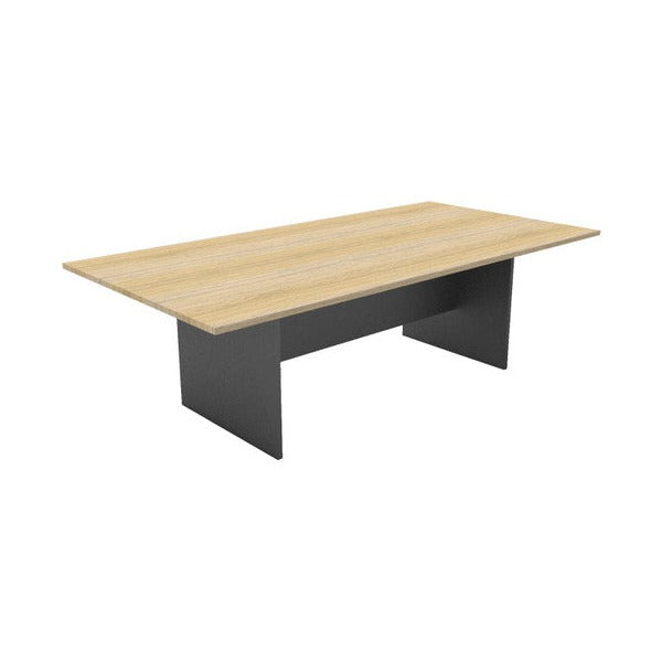 Rapidline Rapid Worker 3200 x 1200mm boardroom table in Natural Oak / Ironstone: a natural oak top rectangular boardroom table on a dark ironstone panel end base, shown at an angle
