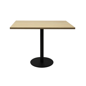 Rapidline Estilo square meeting table with a natural oak top on a black column and flat disc base, shown side on.