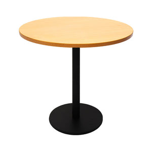 Rapidline Estilo 900mm round table with a beech top on a black column and flat disc base, viewed from slightly above