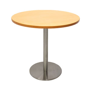 Rapidline Estilo 900mm round table with a beech top on a stainless steel column and flat disc base, viewed from slightly above