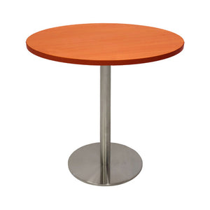 Rapidline Estilo 900mm round table with a cherry top on a stainless steel column and flat disc base, viewed from slightly above