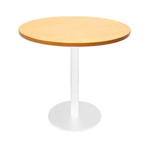 Rapidline Estilo 900mm round table with a beech top on a white column and flat disc base, viewed from slightly above