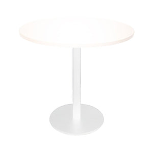Rapidline Estilo 900mm round table with a natural white top on a white column and flat disc base, viewed from slightly above
