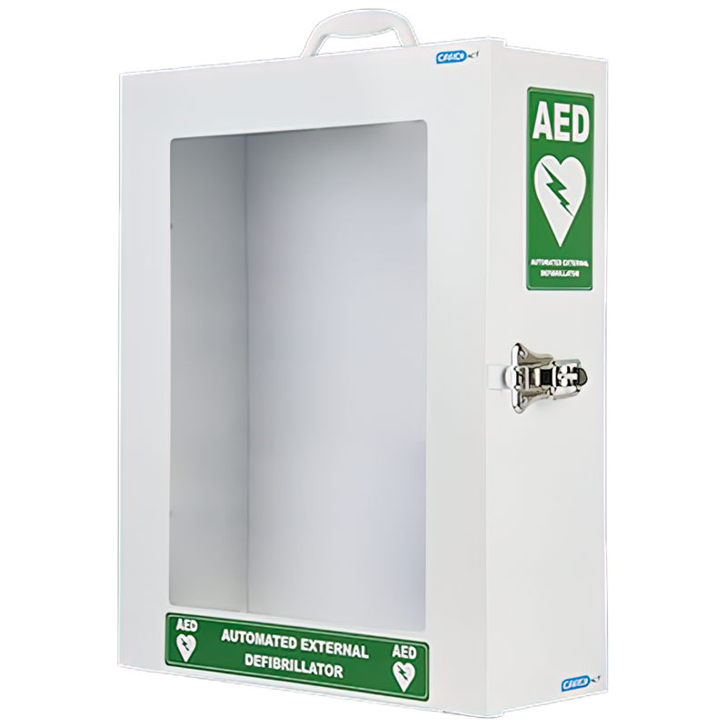 CARDIACT Standard AED Cabinet 45x35.5x14.5cm showing wall-mounted defibrillator storage cabinet for public access AED installation