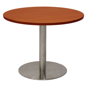 Rapidline Estilo round coffee table with Cherry top on a stainless steel flat disc base, photographed on a white background