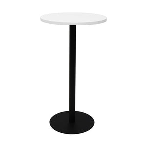 Rapidline Estilo round dry bar table with a Natural White top on a black powder coat column and flat disc base, front view on a white background