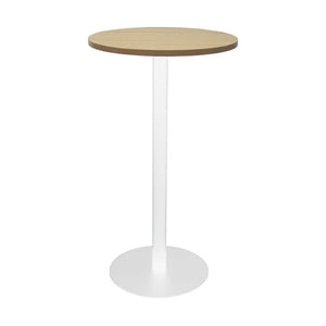 Rapidline Estilo round dry bar table with a Natural Oak top on a white powder coat column and flat disc base, front view on a white background
