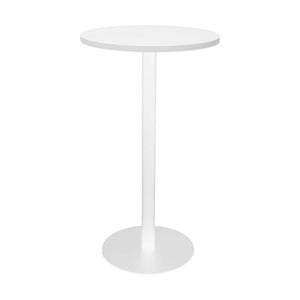 Rapidline Estilo round dry bar table with a Natural White top on a white powder coat column and flat disc base, front view on a white background