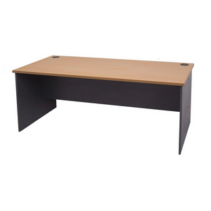 Rapidline Rapid Worker open slab end desk with a beech top and dark Ironstone slab ends, front three quarter view from the left