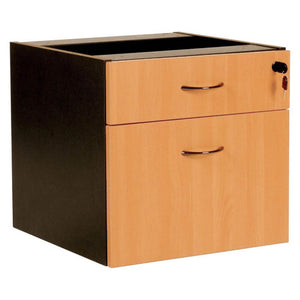 Rapidline Rapid Worker fixed pedestal with two Beech drawers, black bow handles and a lock, set in an Ironstone frame.