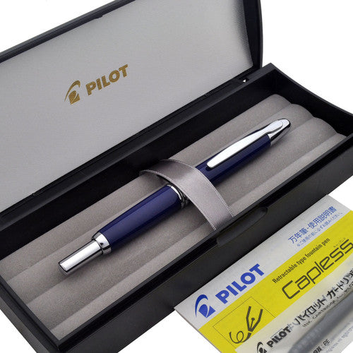 Pilot Capless Silver Accent Fountain Pen Blue Barrel Medium Nib
