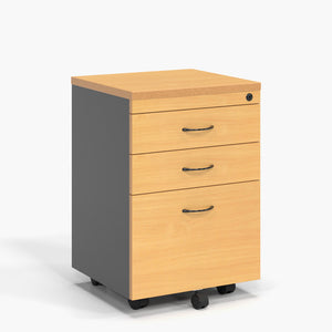 Rapidline Rapid Worker mobile pedestal in Beech and Ironstone with two personal drawers and one filing drawer, bow handles and a lock, on castors.