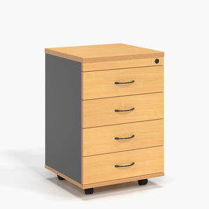 Rapidline Rapid Worker mobile pedestal in Beech and Ironstone with four personal drawers, bow handles and a lock, on castors.