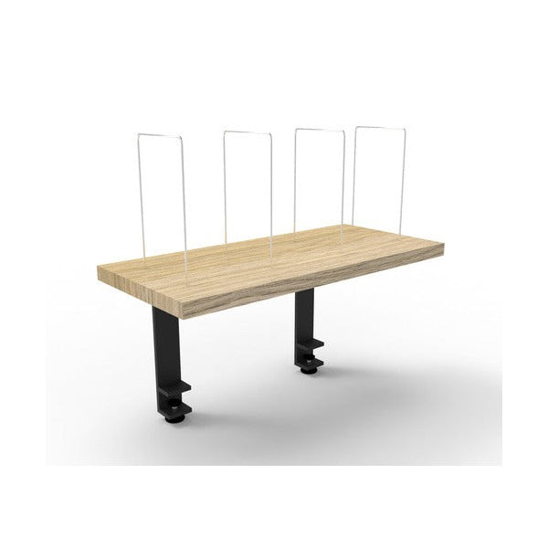 Rapidline Rapid Infinity desk mounted shelf: a Natural Oak board on black satin clamp legs with four upright wire dividers.