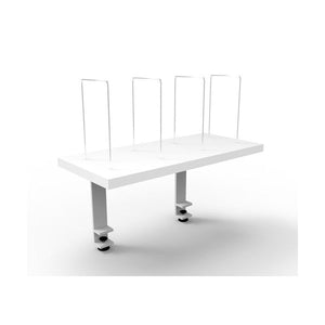 Rapidline Rapid Infinity desk mounted shelf: a Natural White board on white satin clamp legs with four upright wire dividers.