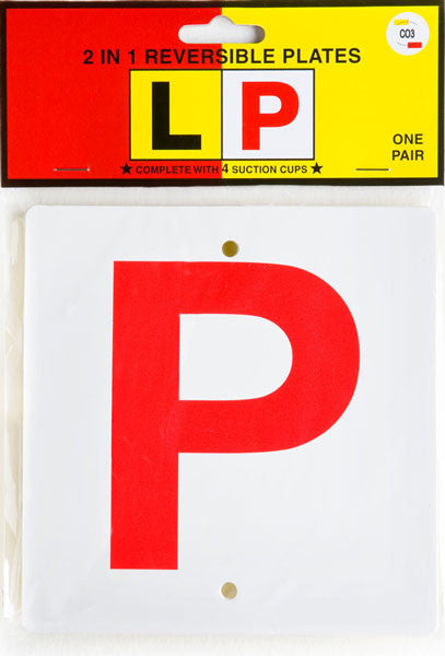 CO3 reversible L and P plate set showing dual-sided design with black L plate and red P plate, including four suction cups