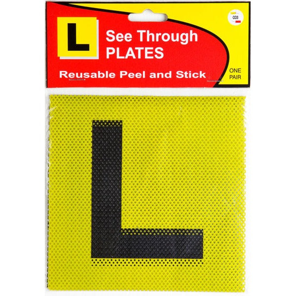CO3 See Through Plates pack with a black L on a yellow dotted see-through plate and a red and yellow header card printed Reusable Peel and Stick and One Pair