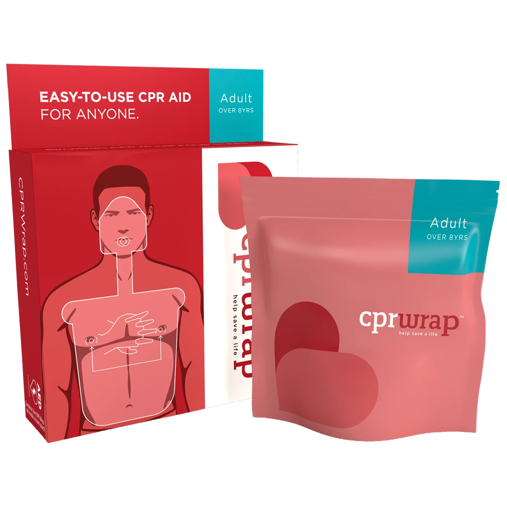 CPRWRAP Adult CPR Aid showing compact single-use bystander CPR barrier and chest compression guide for hygienic adult cardiac arrest resuscitation in workplace and community settings
