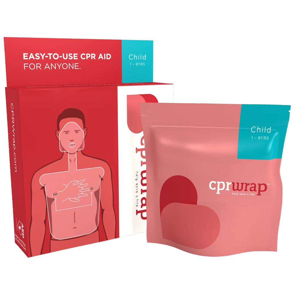 CPRWrap Child CPR Aid single-use visual guide for correct child CPR hand placement and technique during cardiac arrest response