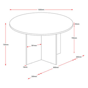 Rapidline Rapid Worker round meeting table 1200mm in Beech / Ironstone: dimensioned line drawing of the 1200mm round table showing the top thickness and cross base