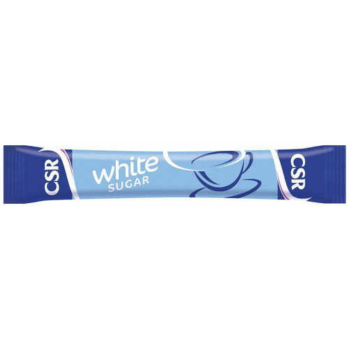Close-up of CSR 3g white sugar sticks arranged on a counter, Australian made pure sucrose portions