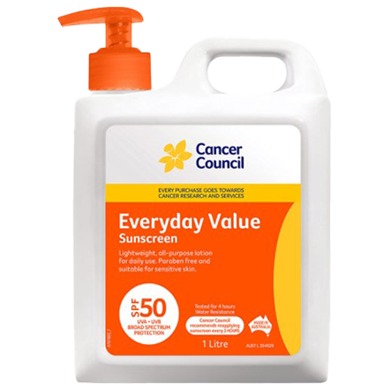 Cancer Council SPF50 Everyday Value Sunscreen Pump 1L bulk everyday sunscreen outdoor programs
